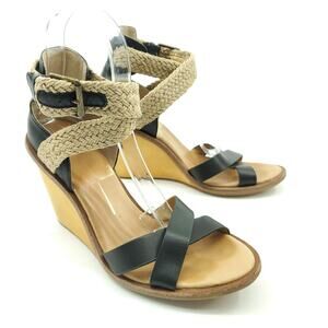 Dolce Vita Black Natural Leather Criss Cross Wooden Wedge Sandals 8